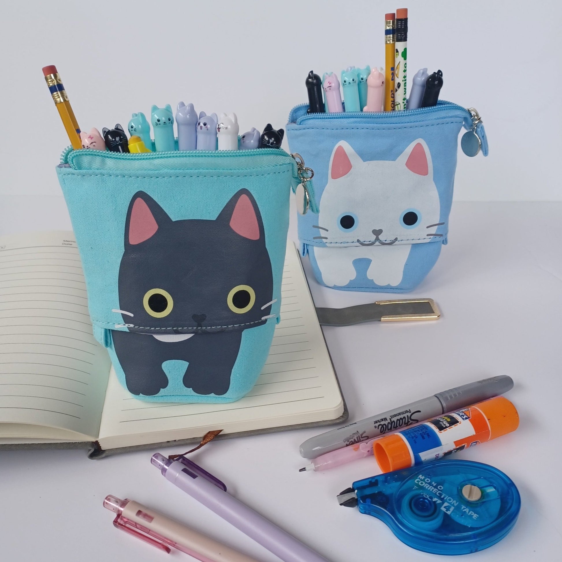 Cute Cat Stationery Set, 1 Canvas Cat Telescopic Pouch Bag 12 Cat